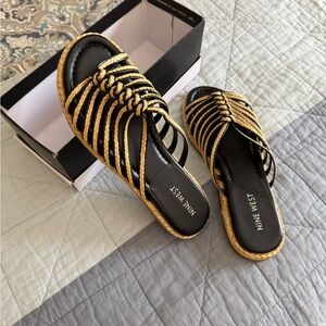 Nine West Black and Raffia Straw Slide Sandals